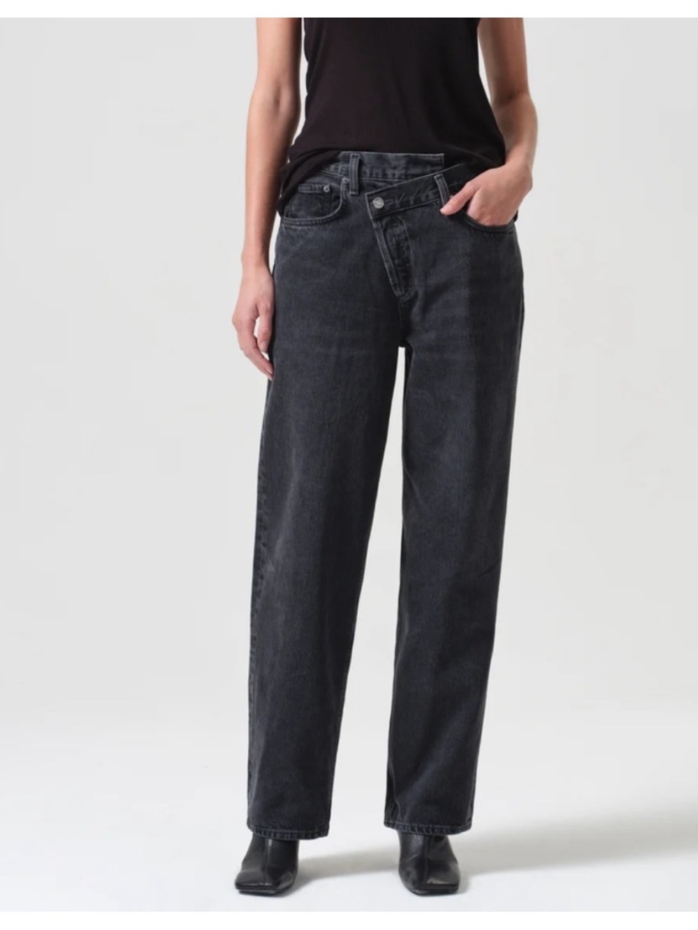 Agolde Criss Cross Denim Jean Asymmetrical Faded Black Pockets Womens Size 27